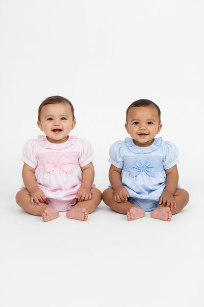 Baby Girls Smocked Romper - Bow Sky/Pink (0-9M)