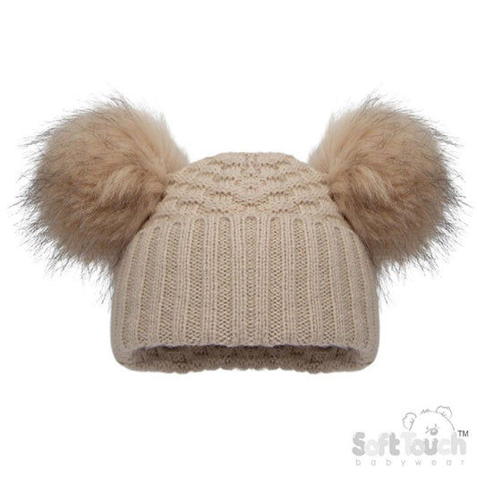Deluxe Biscuit Checked/Striped Hat w/Pom Poms (NB-12m) (PK6) H670-BI