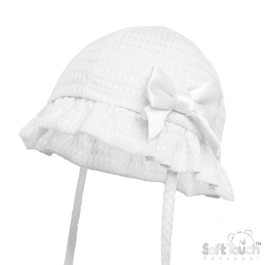 WHITE CHECKED HAT W/BOW  (0-24 M) (PK 6) H82-W
