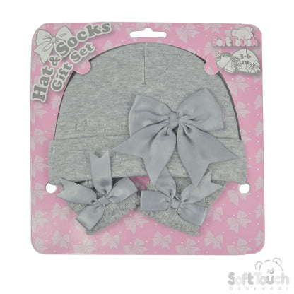 Grey Hat & Socks Set With Bow (NB-3 & 3-6 Months) (Pk6) HS104-G