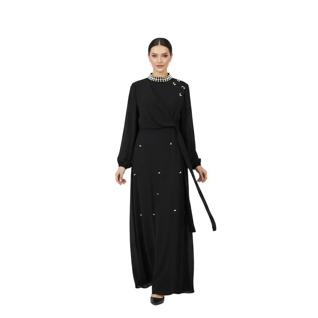 Pearl-Neckline Faux-Wrap Embellished Abaya for Women