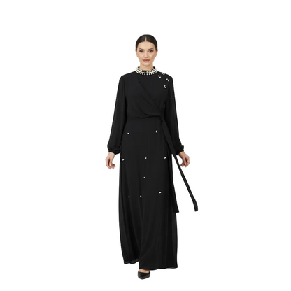 Pearl-Neckline Faux-Wrap Embellished Abaya for Women