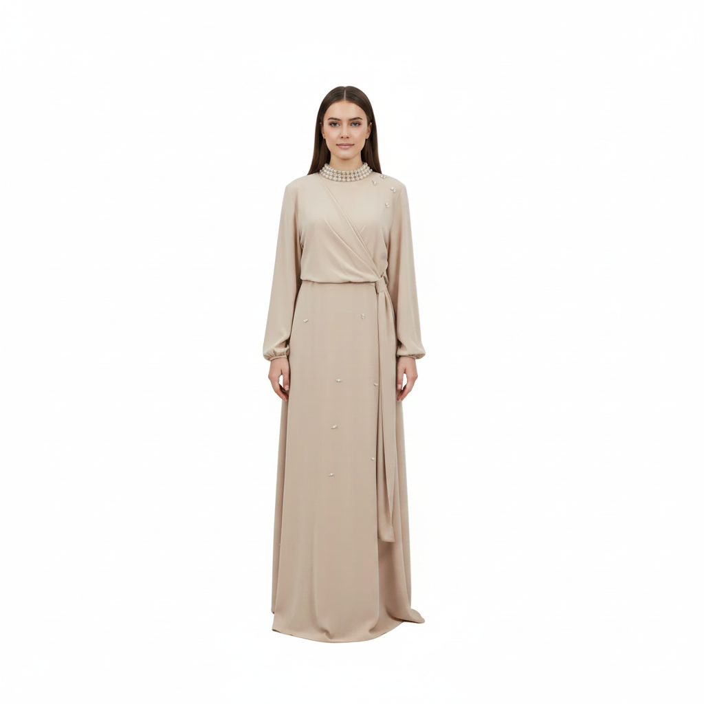 Pearl-Neckline Faux-Wrap Embellished Abaya for Women
