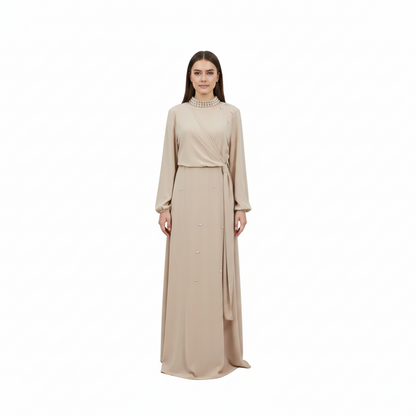 Pearl-Neckline Faux-Wrap Embellished Abaya for Women