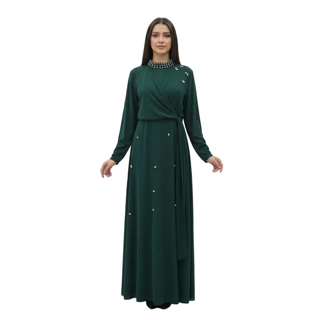 Pearl-Neckline Faux-Wrap Embellished Abaya for Women