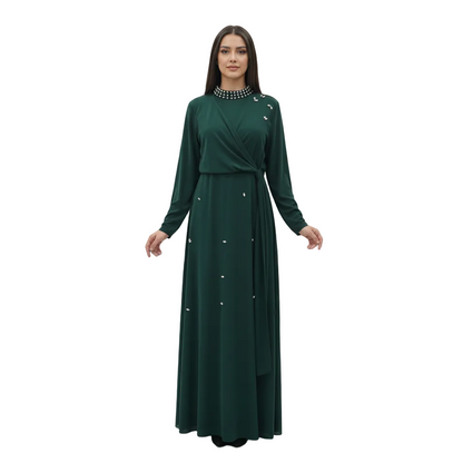 Pearl-Neckline Faux-Wrap Embellished Abaya for Women