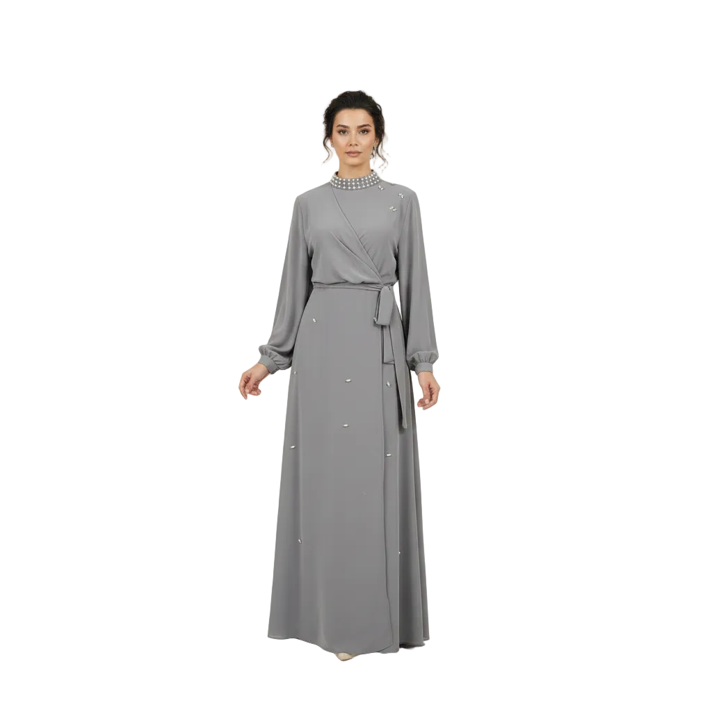 Pearl-Neckline Faux-Wrap Embellished Abaya for Women