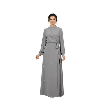 Pearl-Neckline Faux-Wrap Embellished Abaya for Women