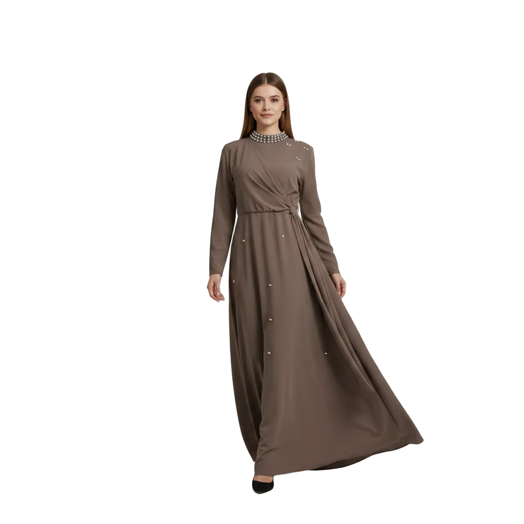 Pearl-Neckline Faux-Wrap Embellished Abaya for Women