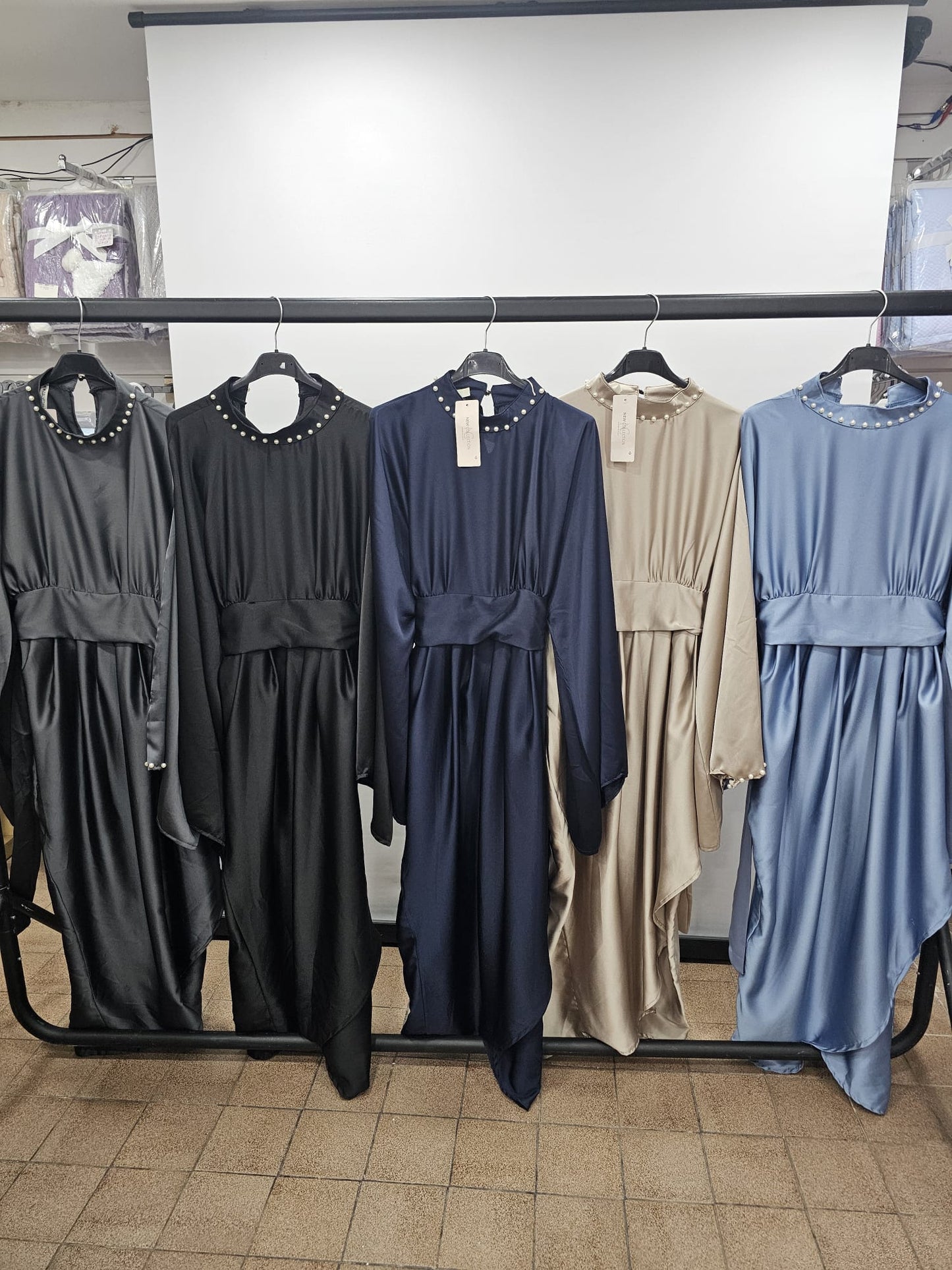 Pearl-Trimmed Satin Asymmetric Abaya