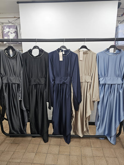 Pearl-Trimmed Satin Asymmetric Abaya