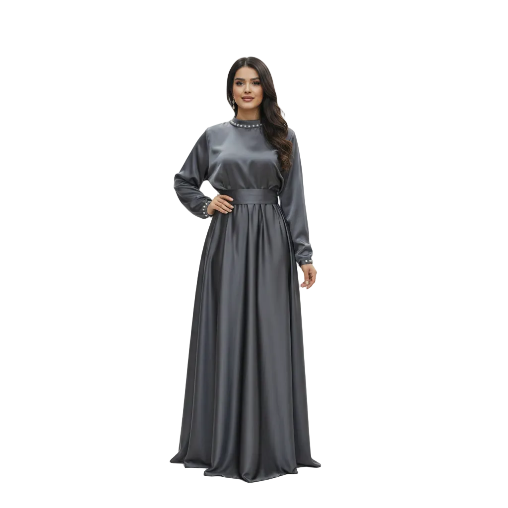 Pearl-Trimmed Satin Asymmetric Abaya for Women