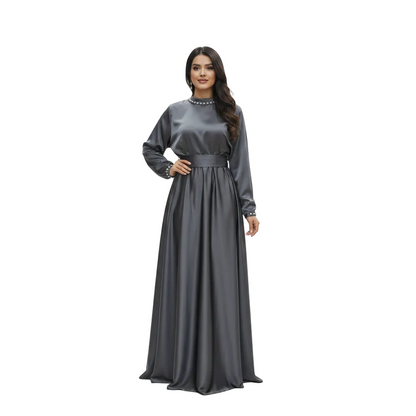Pearl-Trimmed Satin Asymmetric Abaya for Women