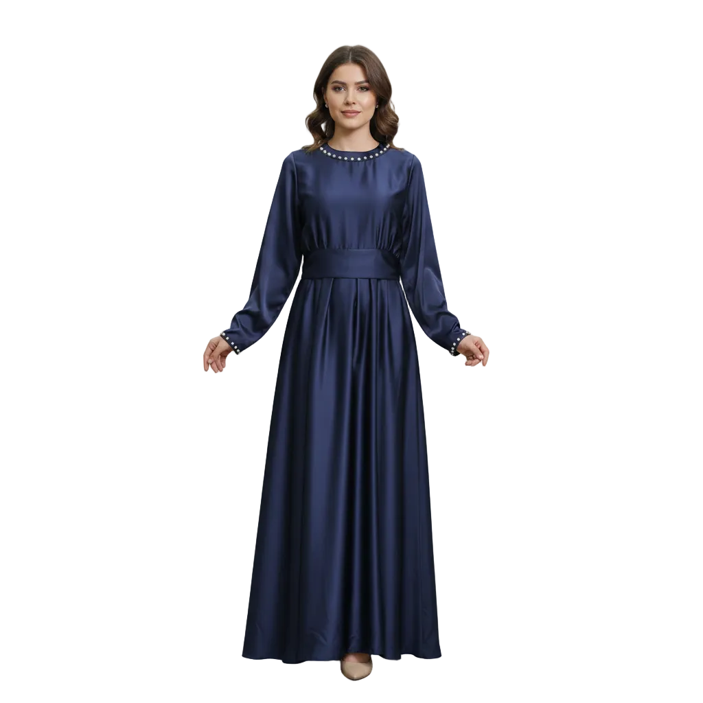 Pearl-Trimmed Satin Asymmetric Abaya for Women