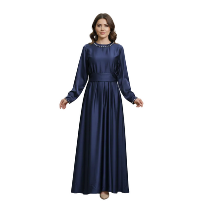 Pearl-Trimmed Satin Asymmetric Abaya for Women