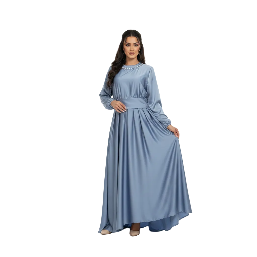 Pearl-Trimmed Satin Asymmetric Abaya for Women