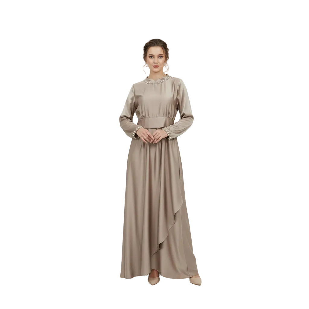 Pearl-Trimmed Satin Asymmetric Abaya for Women