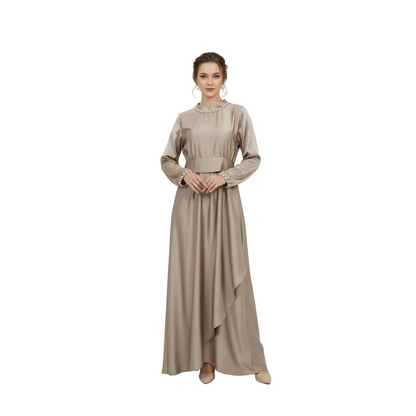 Pearl-Trimmed Satin Asymmetric Abaya for Women