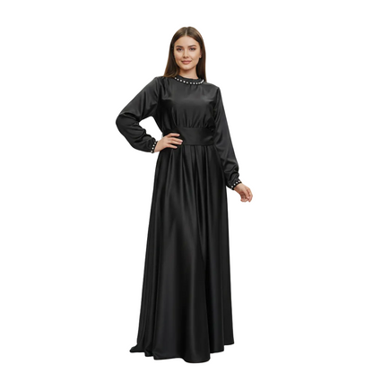 Pearl-Trimmed Satin Asymmetric Abaya for Women