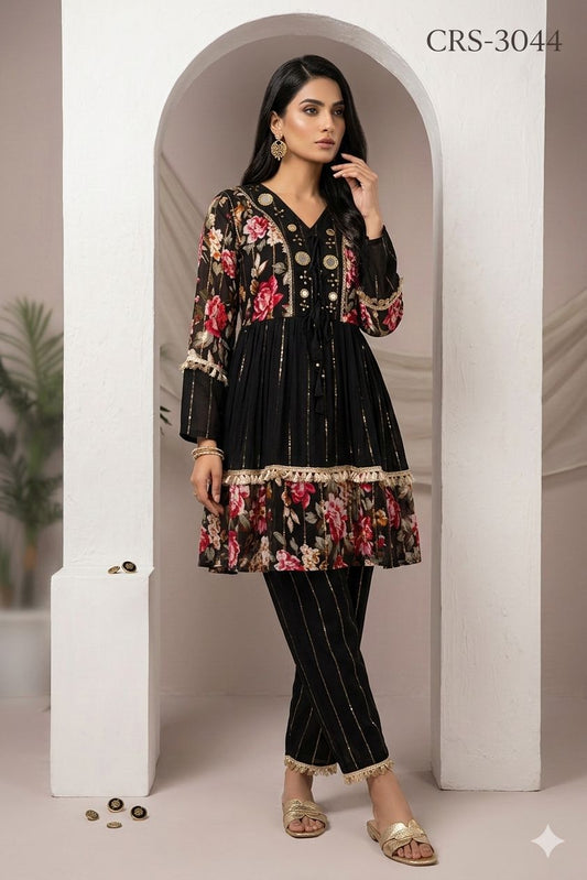 Floral Mirror-Work Peplum Kurti
