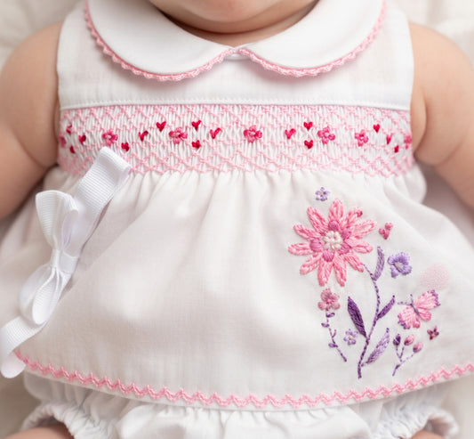 White Floral Smocked Baby Set