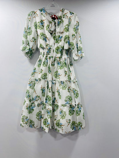 Blue Floral Bow Midi Dress