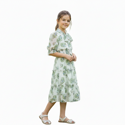 Girls Floral Bow Midi Dress | Elegant Summer Party Dress