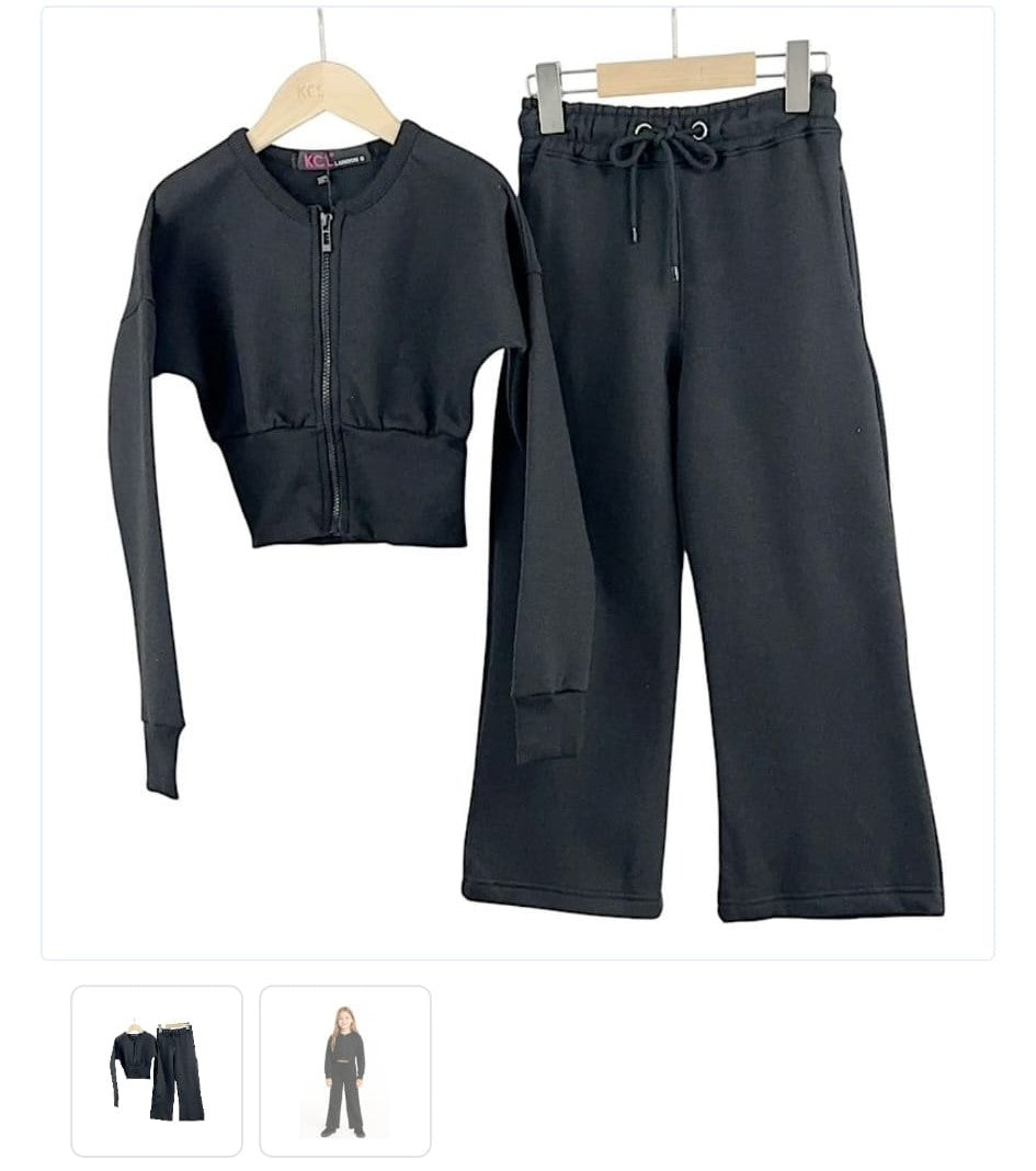 2pc Black Compressed Full Zip Jacket and Wide-Leg Tracksuit Set