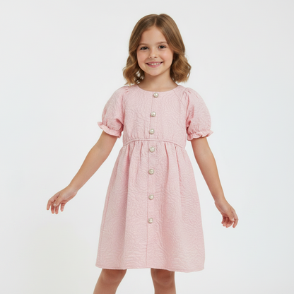 Girls Textured Pearl Button Dress | Elegant Party Dress