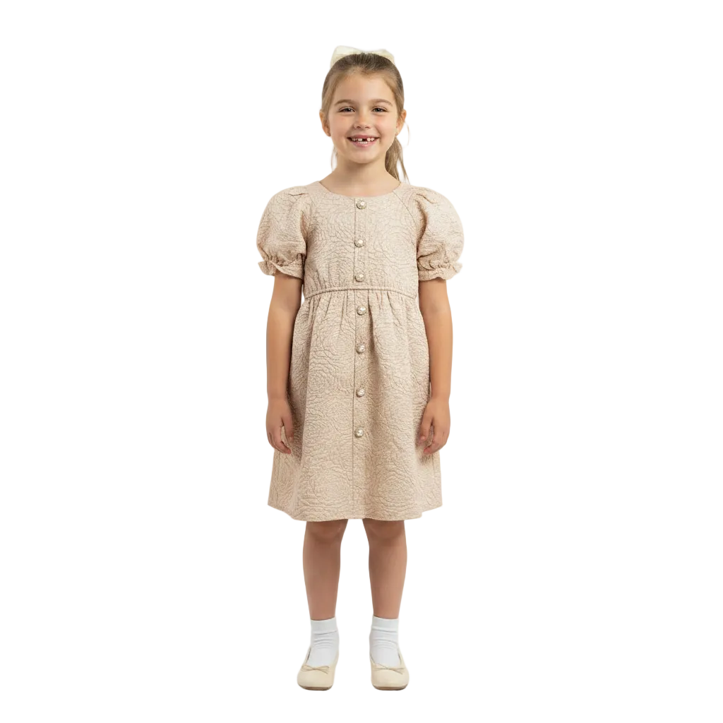 Girls Textured Pearl Button Dress | Elegant Party Dress