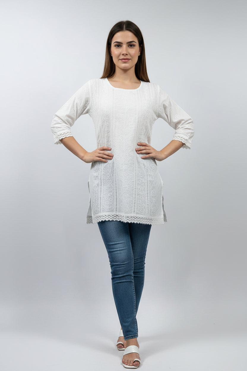 Women’s White Embroidered Cotton Kurti