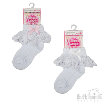 WHITE ANKLE SOCKS W/ROSE LACE & WHITE OR PINK BOW (0-12 Months) S342