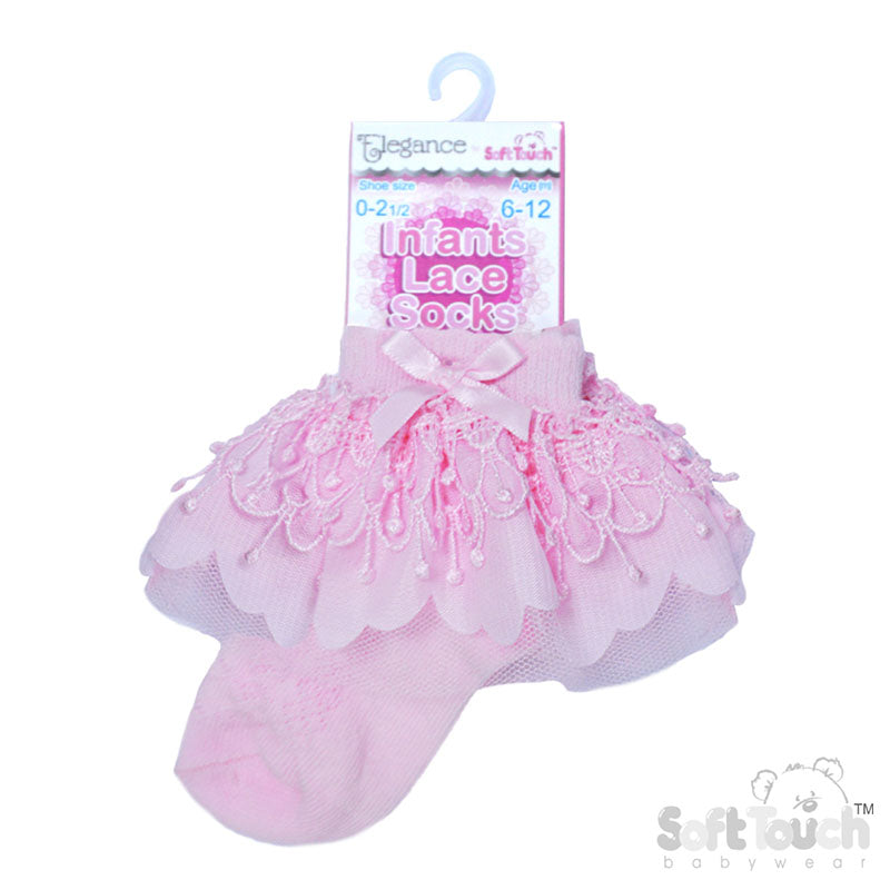 PINK ANKLE SOCKS W/BELL LACE & BOW (0-24 Months) S344P