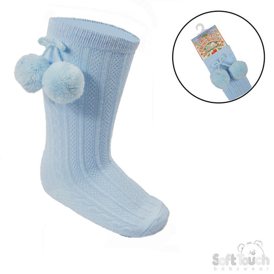 BLUE 'ELEGANCE' POM POM KNEE LENGTH SOCKS (0-24 Months) S355-B