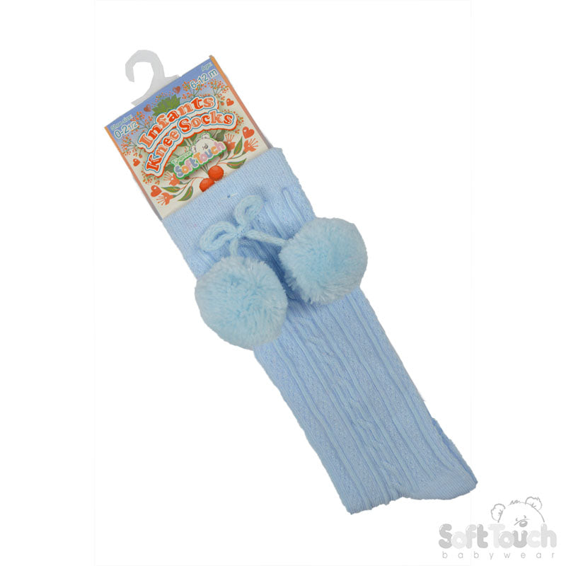 BLUE 'ELEGANCE' POM POM KNEE LENGTH SOCKS (0-24 Months) S355-B
