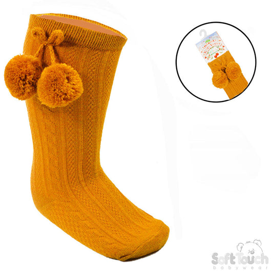 MUSTARD 'ELEGANCE' POM POM KNEE LENGTH SOCKS (0-24 MONTHS) S355-M