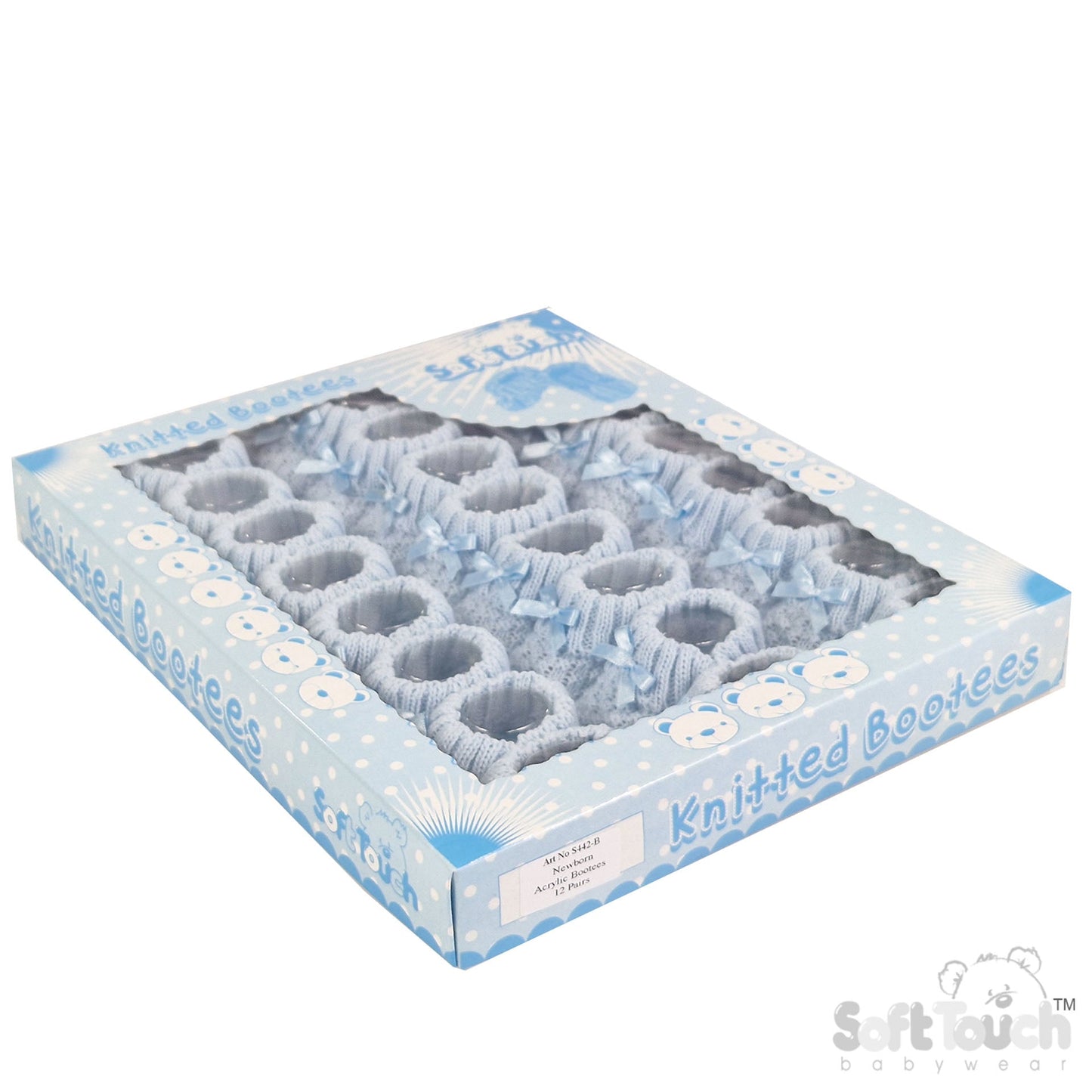 BLUE ACRYLIC BOOTEES WITH CHECK DESIGN AND BOW - S442B