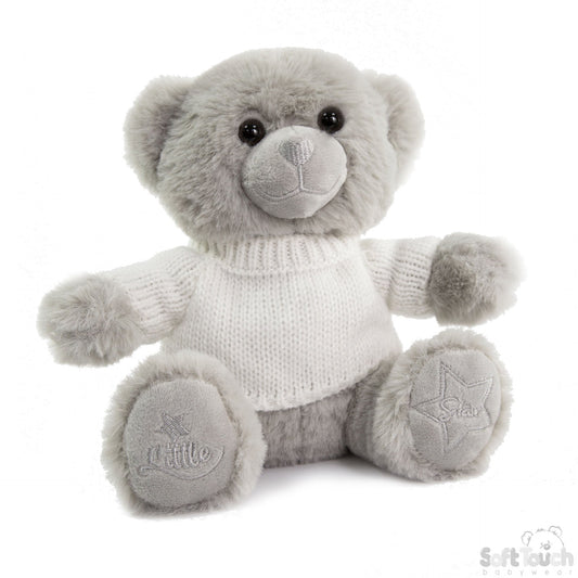 GREY TEDDY BEAR W/SWEATER & LITTLE STAR EMB - 20CM- TB320-G