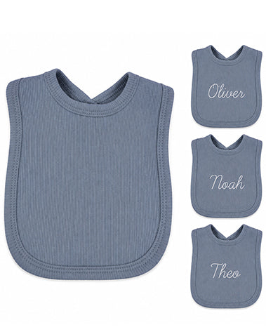 Personalised Dusky Blue Ribbed Velcro Baby Bib – Soft Cotton Feeding Bib