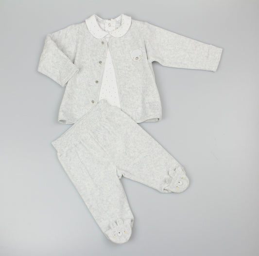 Baby Unisex Velour 3pc Embossed Set - Grey/Teddy (0-9M) (PK6) M15976