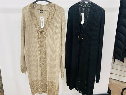Elegant Crochet-Trim Long Cardigan