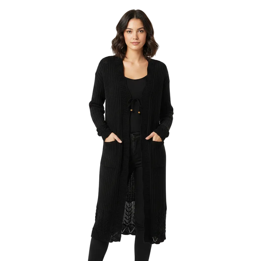Women's Crochet Trim Long Cardigan | Elegant Open Front Layer