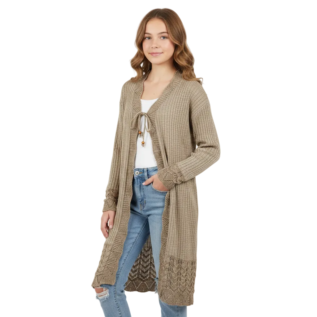 Women's Crochet Trim Long Cardigan | Elegant Open Front Layer