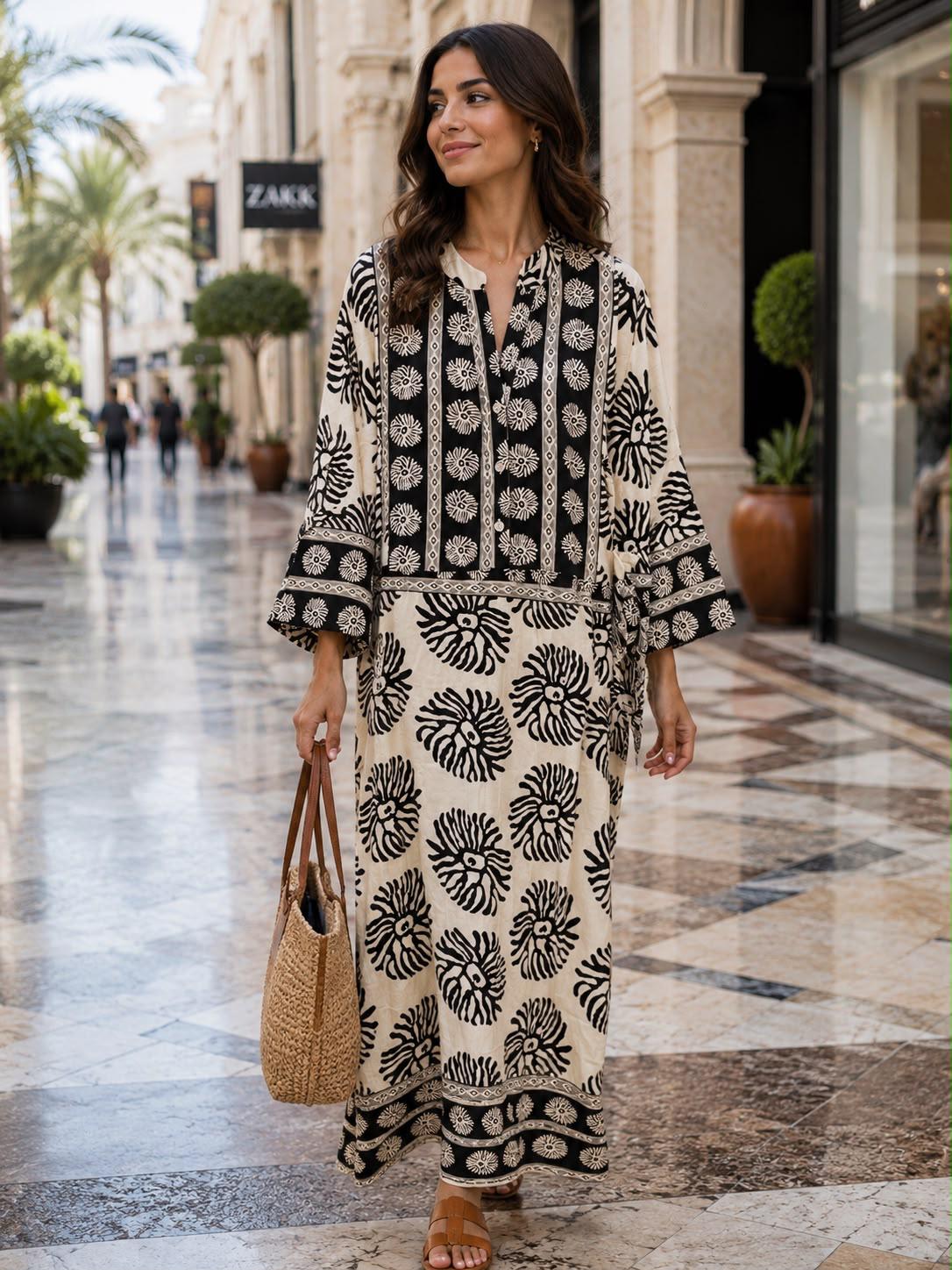 Monochrome Boho-Chic Kaftan Maxi Dress