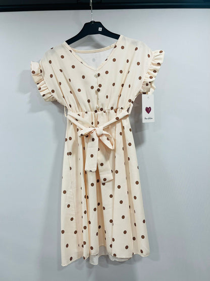 Women's White Polka Dot V-Neck Midi Dress with Waist Tie Belt & Ruffle Sleeves
