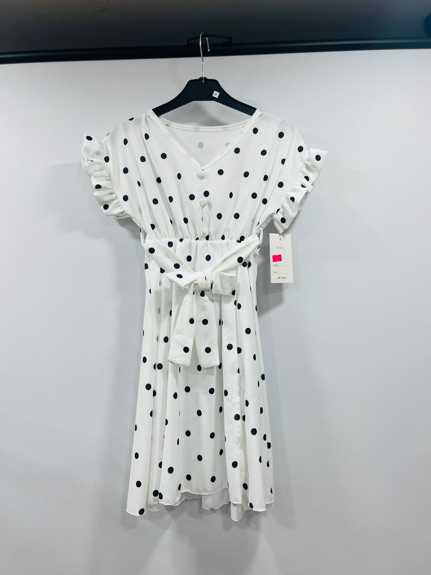 Women's White Polka Dot V-Neck Midi Dress with Waist Tie Belt & Ruffle Sleeves