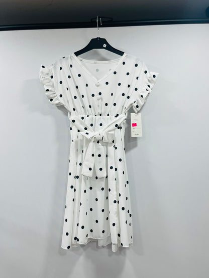 Women's White Polka Dot V-Neck Midi Dress with Waist Tie Belt & Ruffle Sleeves