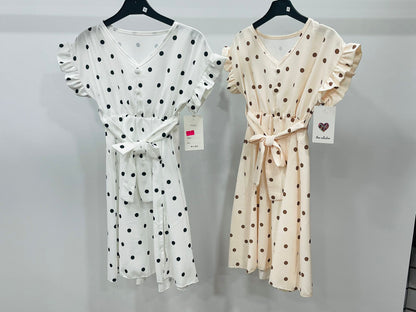 Women's White Polka Dot V-Neck Midi Dress with Waist Tie Belt & Ruffle Sleeves