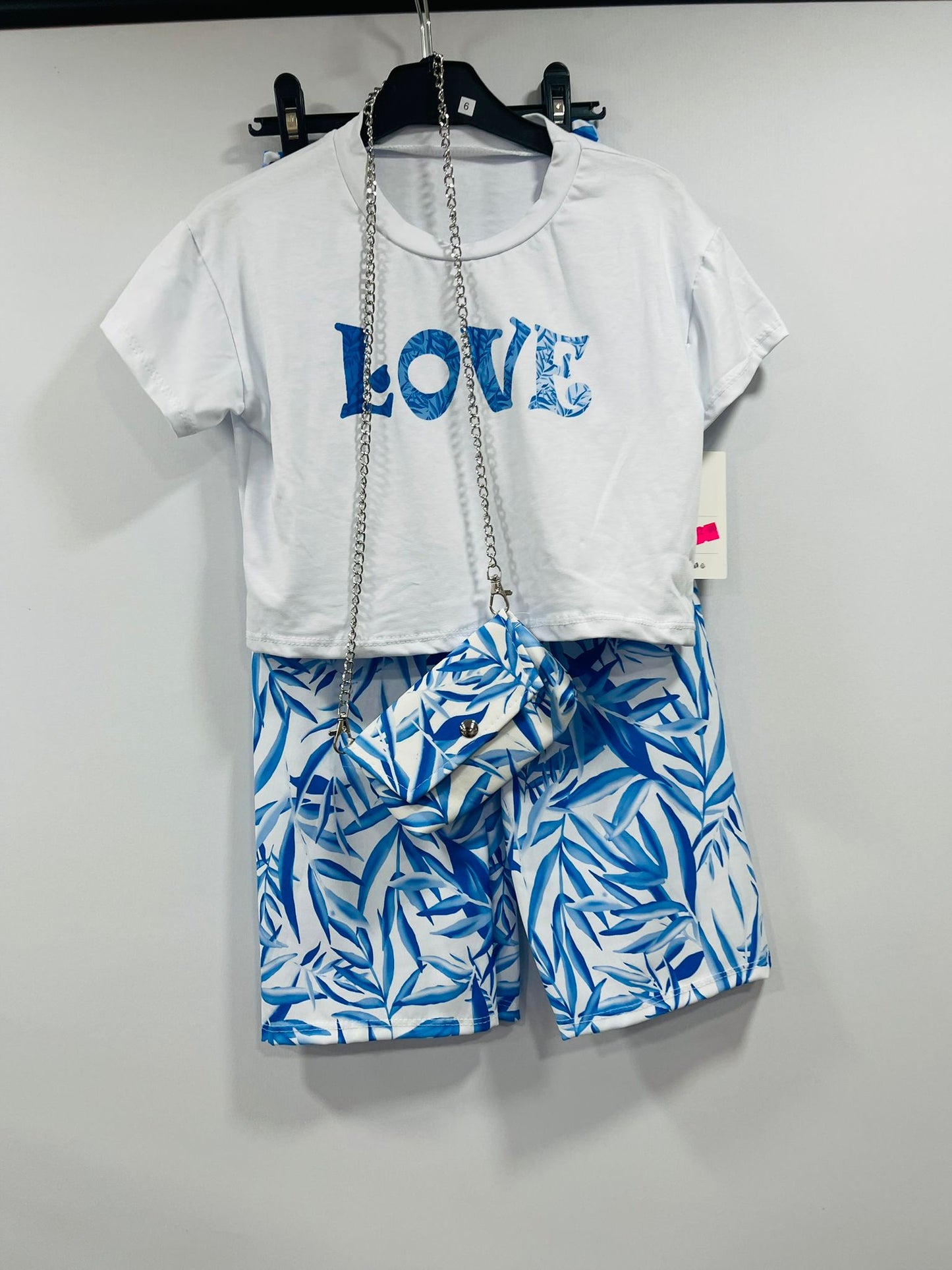 Girls 2-Piece Summer Outfit Set – White “LOVE” Crop T-Shirt, Blue Tropical Print Shorts & Matching Crossbody Bag
