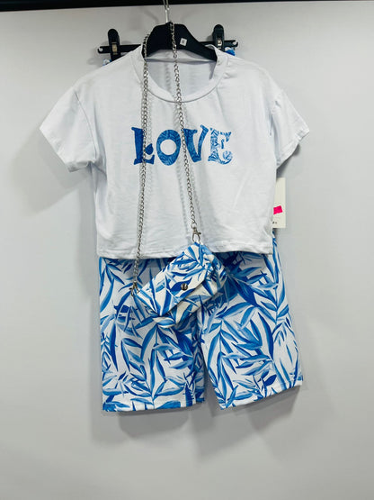 Girls 2-Piece Summer Outfit Set – White “LOVE” Crop T-Shirt, Blue Tropical Print Shorts & Matching Crossbody Bag